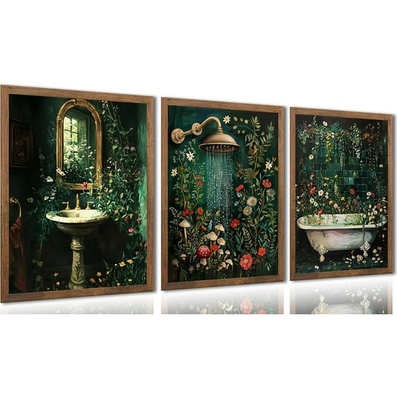 Green Botanical Bathroom Canvas Wall Art Washbasin Shower Baths Floral Picture Wall Decor Rural Dark Green Wildflowers Bathroom Poster Print Paintings for Laundry（Only canvas）