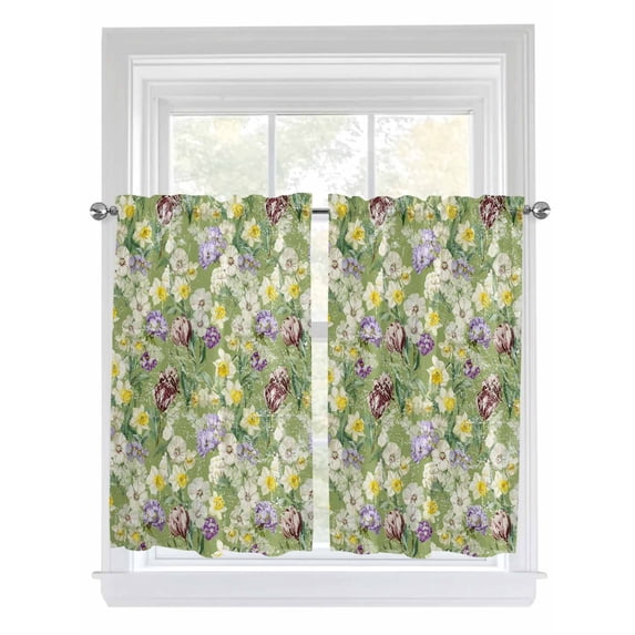 Green Botanical Bathroom Window Curtain, Spring Floral Summer Botanical Rustic Light Filtering Coffee Kitchen Curtains, Bedroom Living Room Curtains 2 Panel 84"x45"