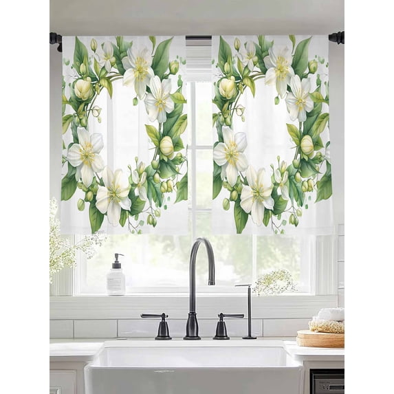 Green Botanical Blooms Sheer Curtains for Living Room Bedroom Spring Floral Leaves Wreath Sheer Curtains 54 Inch Long 2 Panels Set Light Filtering Curtain Window Treatments Drapes for Dining Room
