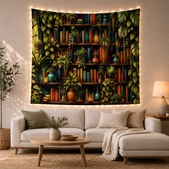 Green Botanical Bookshelf in a Dark Library, Cozy Maximalist for Book Lovers, Nature Inspired Decor, Housewarming Gift, Tapestry Wall Hanging for Study Room and Reading Nook