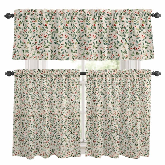 Green Botanical Christmas Kitchen Curtains Sets for Windows 36 Inch Length, Rustic Xmas Berry Red Rod Pocket Window Treatments Tier Curtains and Valances Set for Bedroom/Bathroom