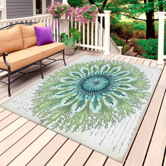 Green Botanical Circle Outdoor Rug 3x5 Ft, Non Slip Washable Area Rug, Abstract Art Vintage Patio Rugs Carpet Runner, Large Floor Mat for Indoor/Outdoor Deck Porch Camping
