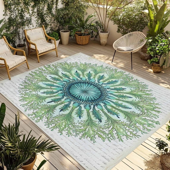 Green Botanical Circle Outdoor Rug 5x7 Ft - Reversible Patio Rug Outdoor Camping Rugs, Abstract Art Vintage Washable Indoor Outdoor Area Rugs, Non-Slip Outdoor Carpet Runner for Deck/Porch