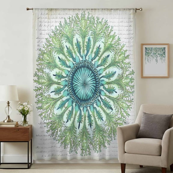 Green Botanical Circle Sheer Curtains 45 Inches Long, Abstract Art Vintage Light Filering Curtains, Breathable Simi Curtain Privacy Drapes for Kitchen Bathroom Lightweight Small Window Treatment
