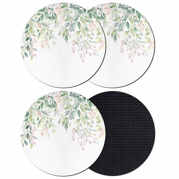 Green Botanical Coasters Set of 4, Soft Absorbent Coasters for Drinks, Pink Spring Floral Eucalyptus Leaves Non-Slip Cup Coaster Mat with Rubber Bottom for Home Kitchen Desk Coffee Bar Table Decor 4"
