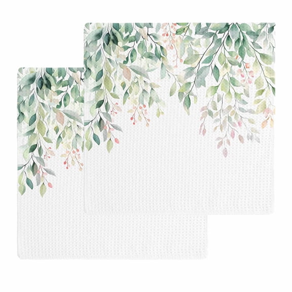 Green Botanical Dish Towels Set, Waffle Weave Kitchen Towels 2 Pieces, Pink Spring Floral Eucalyptus Leaves Microfiber Hair Face Bath Tea Towel Absorbent Quick Drying Cleaning Dish Cloths 12"x12"