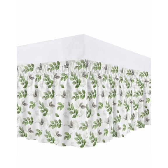 Green Botanical Fall Bed Skirt Queen Size, Pastoral Maple Leaf Autumn Wrap Around Bed Skirting with Adjustable Elastic Strap, Dust Ruffle Pleated Bedskirts 16 Inch Drop for Bedroom Queen Beds