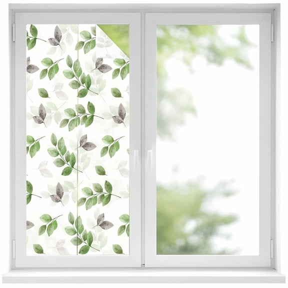 Green Botanical Fall Window Privacy Film, Pastoral Maple Leaf Autumn Static Cling UV Sun Blocking Heat Control Window Tint Day and Night, Non-Adhesive One Way Windows Privacy Cover 19.6''x39.3''