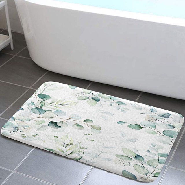 Green Botanical Floral Bath Mats Rugs for Bathroom, Eucalyptus Leaf