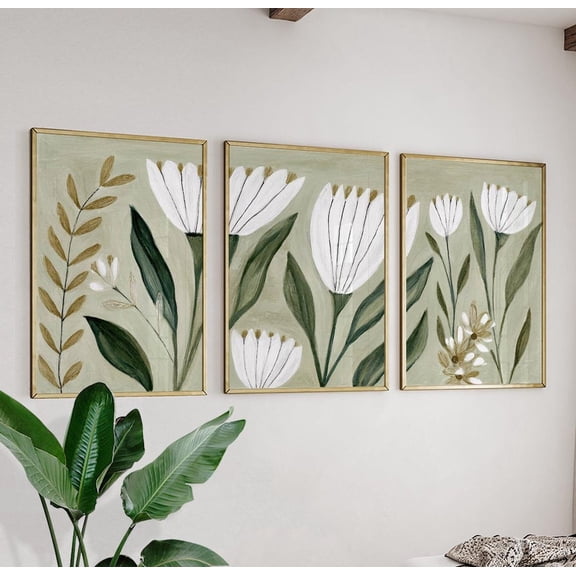 Green Botanical Floral Minimalist Flower Triptych Neutral Decor Art Set 3 Unframed Paper Print 8x12