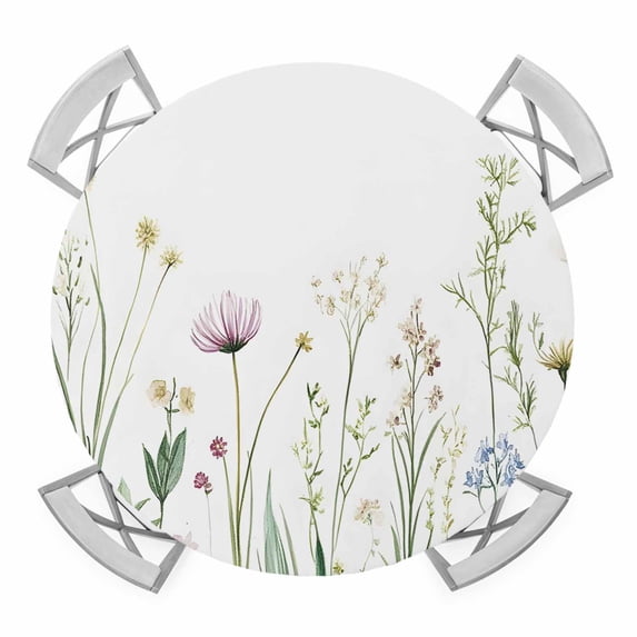 Green Botanical Floral Round Tablecloth for 45-54 Inch Tables, Fitted Table Cover with Elastic Edge, Spring Summer Rustic Waterproof Outdoor Table Cloth Protector for Patio Garden Dinner Picnic