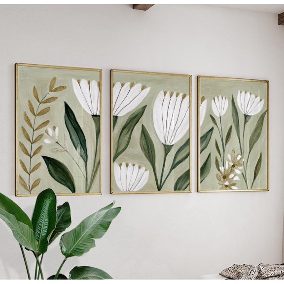 Green Botanical Floral Wall Art Set Minimalist Flower Triptych Posters Neutral Botanical Decor Set 3