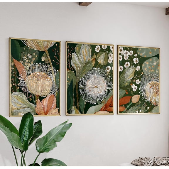 Green Botanical Floral Wall Art Set Neutral Flower Triptych Posters Minimalist Botanical D