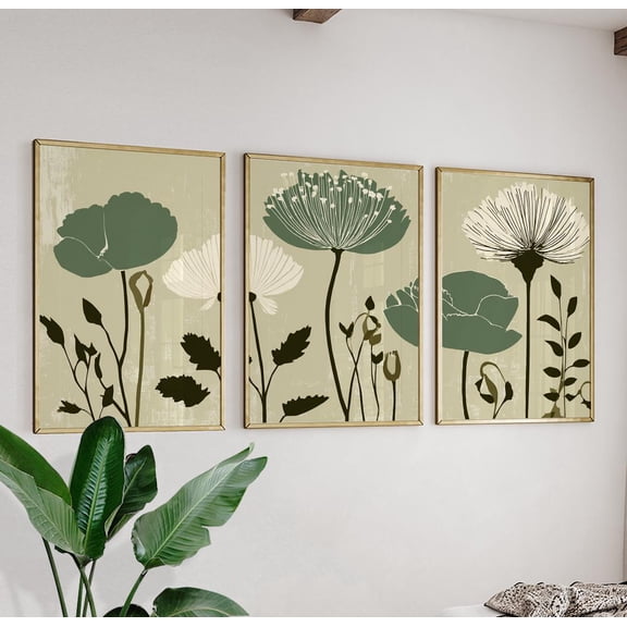Green Botanical Flower Poster Set Minimalist Floral Triptych Wall Art Prints Set 3