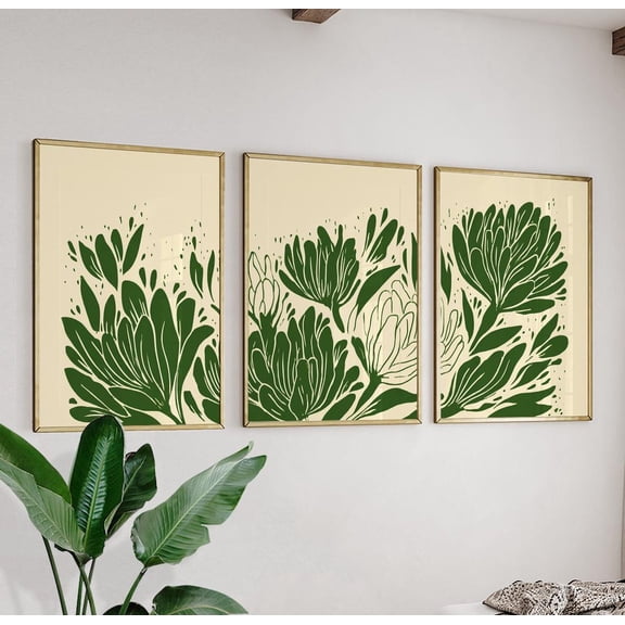 Green Botanical Flower Triptych Wall Art Print With Minimal Garden Decor