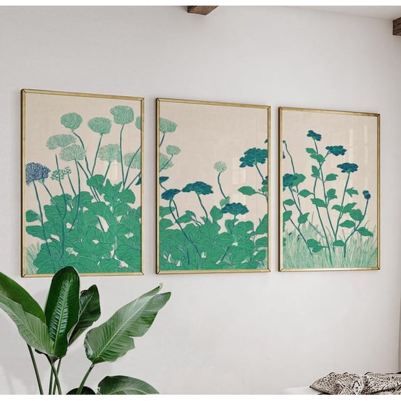 Green Botanical Flower Triptych Wall Art Print With Minimal Garden Plant Decor