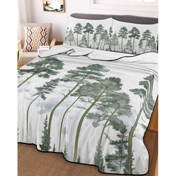 Green Botanical Full Size Down Alternative Comforter, Lightweight Comforter Quilt Bedding Set with Pillow Shams Watercolor Tree All Seasons Bed Comforter Duvet Insert 78"x90"