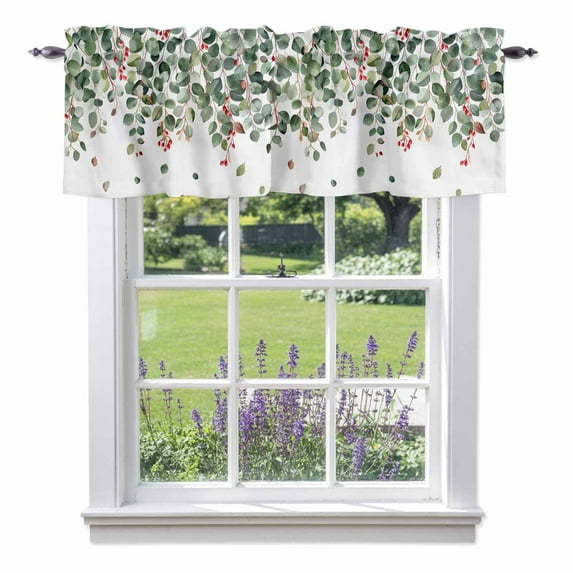 Green Botanical Kitchen Curtain Valances for Windows Farmhouse Short Curtains, Watercolor Spring Eucalyptus Leaves Red Rod Pocket Valance Curtain for Bedroom Cafe Living Room 54"x18"