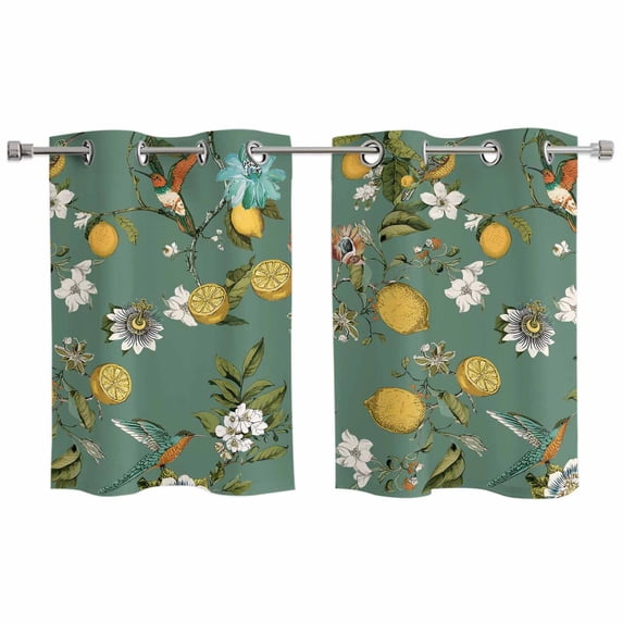 Green Botanical Kitchen Curtains Window Panels, Spring Floral Summer Lemon Birds Insulated Window Treatment Curtain, Grommet Curtains for Bedroom/Living Room/Bathroom, 2 Piece 27.5"Wx39"L