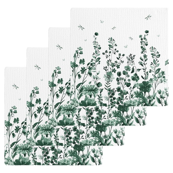 Green Botanical Kitchen Dish Towels for Drying Dishes Set of 4, Dragonfly Flower Leaf Retro Ink Style Waffle Weave Microfiber Hand Tea Bathroom Towels Quick Dry & Absorbent Towel 12x12