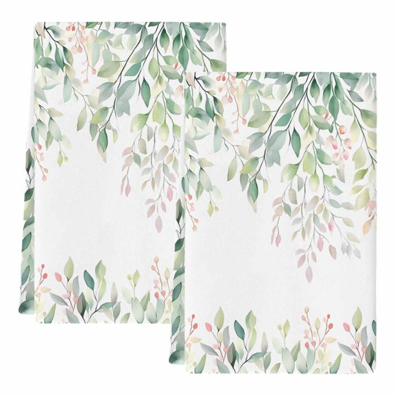 Green Botanical Kitchen Towels Set of 2, Watercolor Floral Spring Eucalyptus Leaves Soft Microfiber Dish Towels, Absorbent Washable Dishcloths for Kitchen Cleaning, Drying Dishes, 18x28 Inches