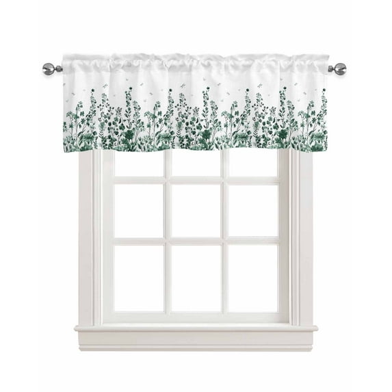 Green Botanical Kitchen Valances for Windows Farmhouse Linen Window Valance Curtain for Living Room Window Treatment Dragonfly Flower Leaf Retro Ink Style Valance Rod Pocket Topper, 42 x 18 Inch