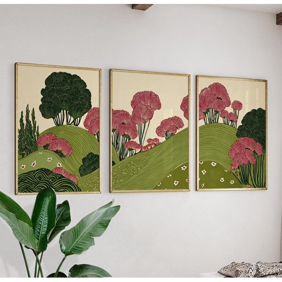 Green Botanical Landscape Floral Wall Art Triptych Set 3 Stretched Canvas 8x12