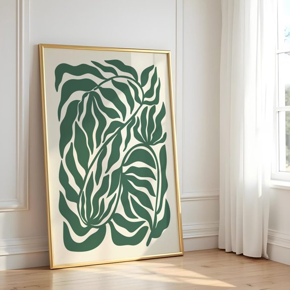 Green Botanical Leaf Print Abstract Line Drawing Art