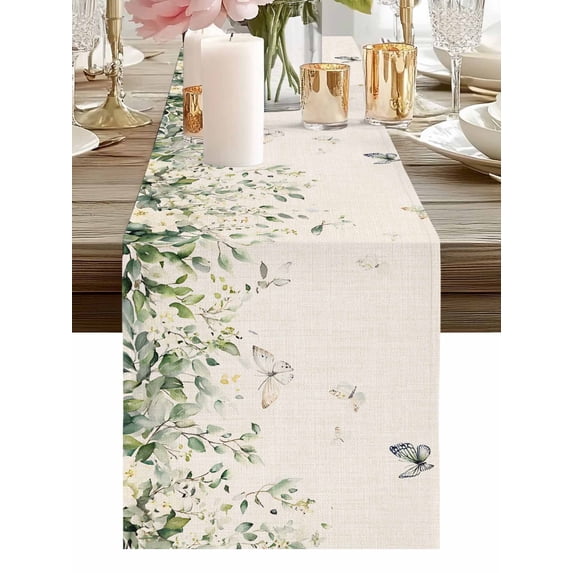 Green Botanical Leaves Butterfly Table Runner-36 Inch Long Pastoral Vintage Linen Table Runners Linen Burlap Tablerunner for Kitchen Dining Room Holiday Party