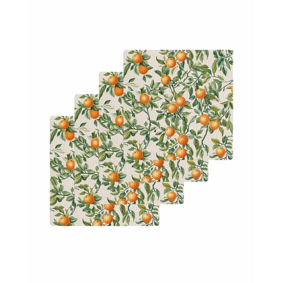 Green Botanical Leaves Kitchen Dish Towels for Drying Dishes Set of 4, Vintage Orange Summer Linen Waffle Weave Microfiber Terry Hand Tea Bathroom Towels Quick Dry & Absorbent Towel 12x12