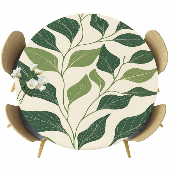 Green Botanical Leaves Round Tablecloth 36-44 Inch Round Fitted Table Cloth with Elastic Edge, Farmhouse Rustic Tropical Waterproof Table Cover Protector for Outdoor Picnic Party Dining