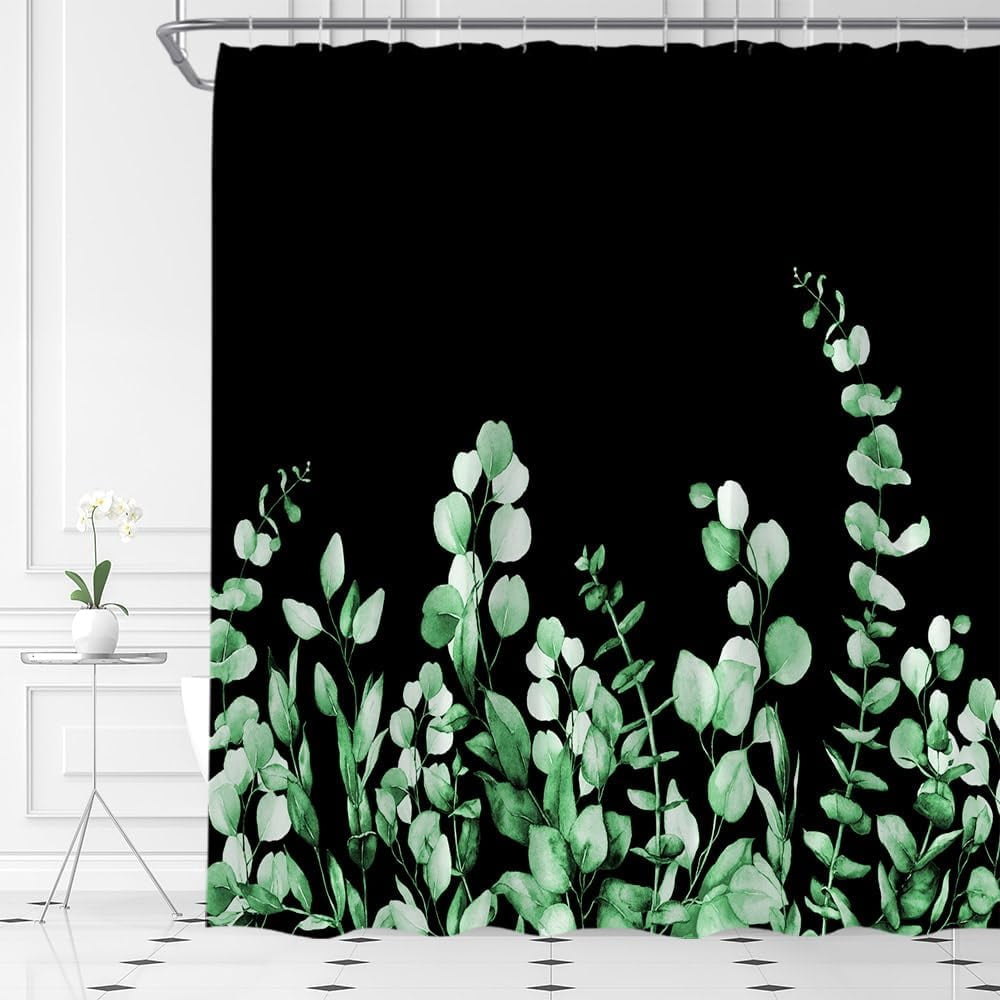 Green Botanical Leaves Shower Curtain Watercolor Eucalyptus Leaf Spring ...