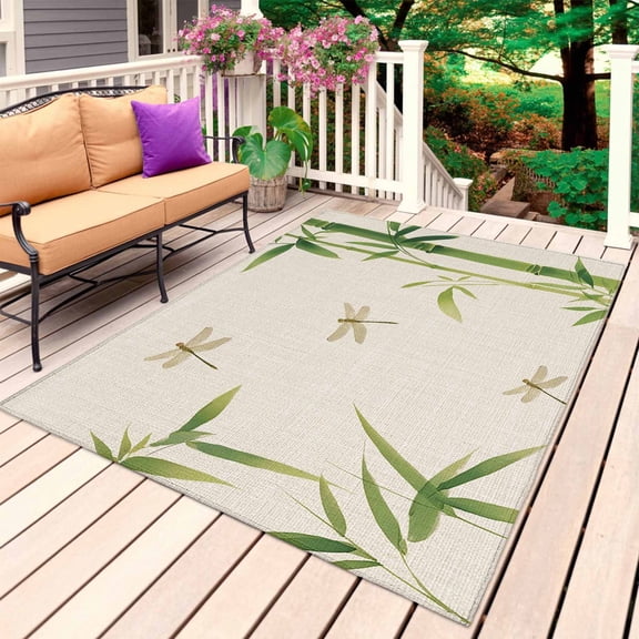 Green Botanical Outdoor Rug 3x5 Ft, Non Slip Washable Area Rug, Farmhouse Dragonfly Patio Rugs Carpet Runner, Large Floor Mat for Indoor/Outdoor Deck Porch Camping