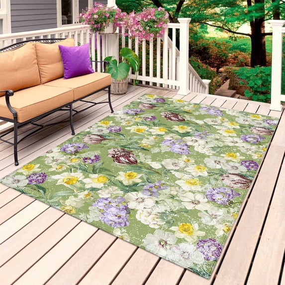 Green Botanical Outdoor Rug 4x6 Ft, Non Slip Washable Area Rug, Spring Floral Summer Botanical Rustic Patio Rugs Carpet Runner, Large Floor Mat for Indoor/Outdoor Deck Porch Camping