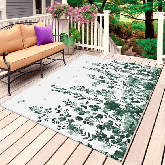 Green Botanical Outdoor Rug for Patio/Deck/Porch, Non-Slip Large Area Rug 3 x 5 Ft, Dragonfly Flower Leaf Retro Ink Style Indoor Outdoor Rugs Washable Area Rugs, Reversible Camping Rug Carpet Runner