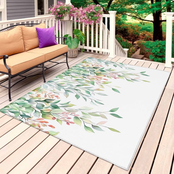 Green Botanical Outdoor Rug for Patio/Deck/Porch, Non-Slip Large Area Rug 5 x 8 Ft, Spring Floral Summer Eucalyptus Leaves Indoor Outdoor Rugs Washable Area Rugs, Reversible Camping Rug Carpet Runner