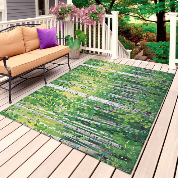 Green Botanical Outdoor Rug for Patio/Deck/Porch, Non-Slip Large Area Rug 6 x 9 Ft, Contemporary Abstract Art Indoor Outdoor Rugs Washable Area Rugs, Reversible Camping Rug Carpet Runner