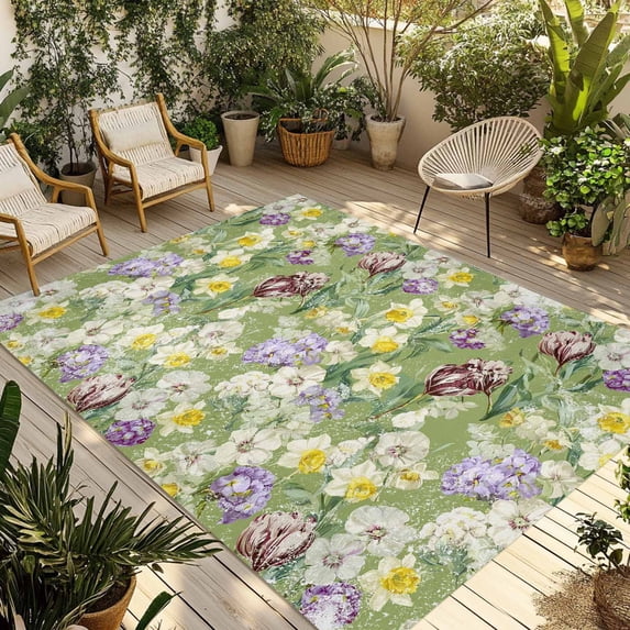 Green Botanical Outdoor Rug for Patio/Deck/Porch, Non-Slip Large Area Rug 6 x 9 Ft, Spring Floral Summer Botanical Rustic Indoor Outdoor Rugs Washable Area Rugs, Reversible Camping Rug Carpet Runner