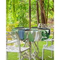 Green Botanical Outdoor Tablecloth - 60 Inch Round Dining Table Cover, Summer Tropical Yellow Striped Waterproof Outdoor Table Cloth with Umbrella Hole & Zipper for Picnic/Patio