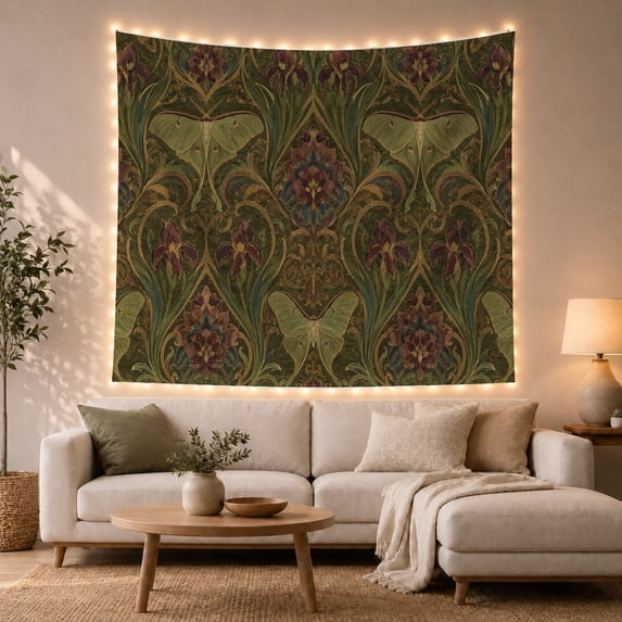 Green Botanical Pattern with Flowing Leaves, Nostalgic Vintage Style for Plant Lovers, Artsy Wall Decor Housewarming Gift, Tapestry Wall Hanging for Bedroom and Study Room