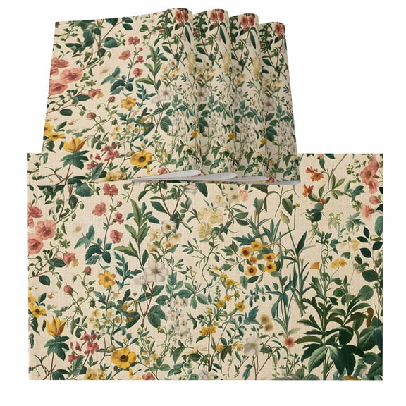 Green Botanical Placemats for Dinning Table Set of 4, Vintage Plant Flowers Garden Leaf Motifs Burlap Kitchen Place Mats Waterproof Cloth Table Mats, Indoor Outdoor Placemats Easy Clean Dinner Decor