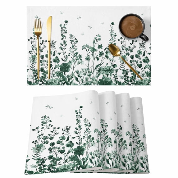 Green Botanical Placemats Set of 4 Dragonfly Flower Leaf Retro Ink Style Place Mats Indoor Wipeable Table Mats Washable Cloth Dining Table Placemats for Kitchen Holiday Party Home Decor 13x19 Inch