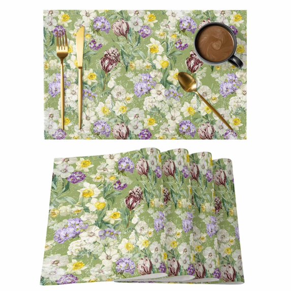 Green Botanical Placemats Set of 6, Spring Floral Summer Botanical Rustic Placemats for Dining Table, Place Mats for Kitchen Tabletop, Waterproof Wipeable Dining Table Mats Set