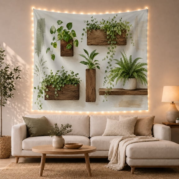 Green Botanical Planters on Textured Beige Wall, Serene Modern Rustic for Plant Lovers, Botanical Wall Art, Housewarming Gift Tapestry Wall Hanging for Bedroom, Living Room and Dorm