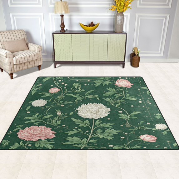 Green Botanical Print 63''x48'' Plush Memory Foam Bath Mat, Soft, Absorbent, Non Slip, Durable