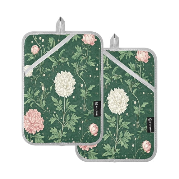 Green Botanical Print 7x9.8in Pot Holder Set Heat-Resistant Oven Hot Pads Durable with Storage Loop