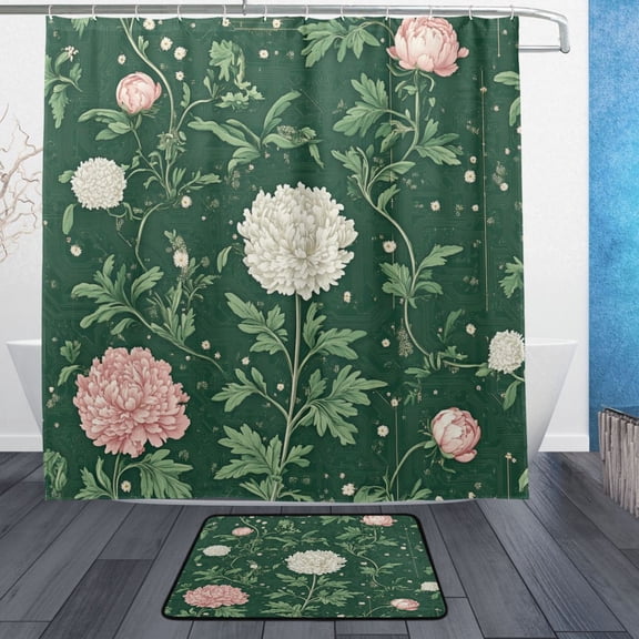 Green Botanical Print Bathroom Accessory Sets Waterproof Shower Curtain with Anti-Slip Bath Mat Durable Combo