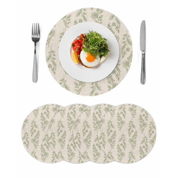 Green Botanical Round 13 Inch Placemats Set of 4, Pastoral Elegant Spring Floral Rustic HeatResistant Non Slip Place Mats for Dining Table, Wipeable Braided Kitchen Table Mats for Housewarming