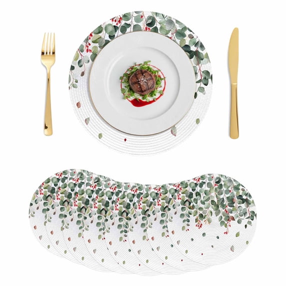 Green Botanical Round 15 Inch Placemats Set of 8, Watercolor Spring Eucalyptus Leaves Red HeatResistant Non Slip Place Mats for Dining Table, Wipeable Braided Kitchen Table Mats for Housewarming