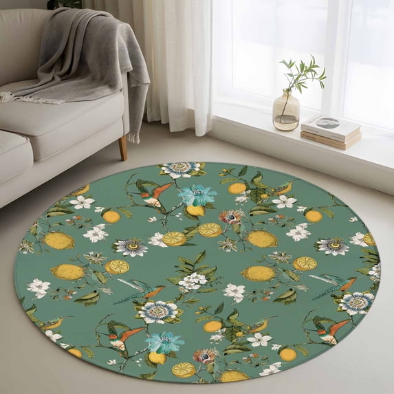 Green Botanical Round Area Rug 3Ft Washable Small Circle Rugs for Kitchen Entryway, Spring Floral Summer Lemon Birds Non-Slip Carpet Floor Mats Indoor Outdoor Carpet Runner Aesthetic Home Decor